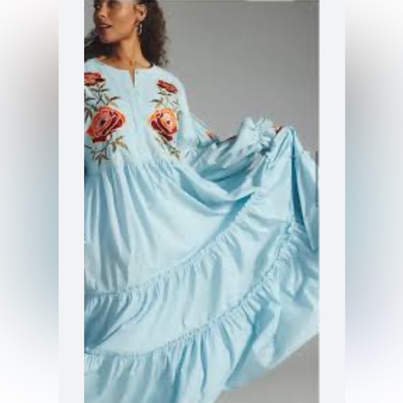 Anthropologie Samant Chauhan Tiered Embroidered Maxi Dress, Blue Size M NWT - Picture 4 of 12